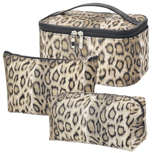 SHEPIN 3er Set Kosmetiktasche Leopard PU Make Up Tasche Leo Damen Schminktasche Reise Waschtasche Kosmetikbeutel Makeup Toiletry Bag Beautycase Kulturtasche für Frauen Teenager