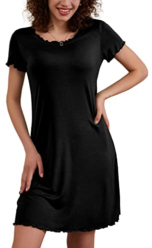 Ekouaer Damen Basic Nachthemd mit Kruselrndern Kurz Nachtkleid Kurzarm Sleepshirt Rüschen Schlafshirt, Schwarz, L