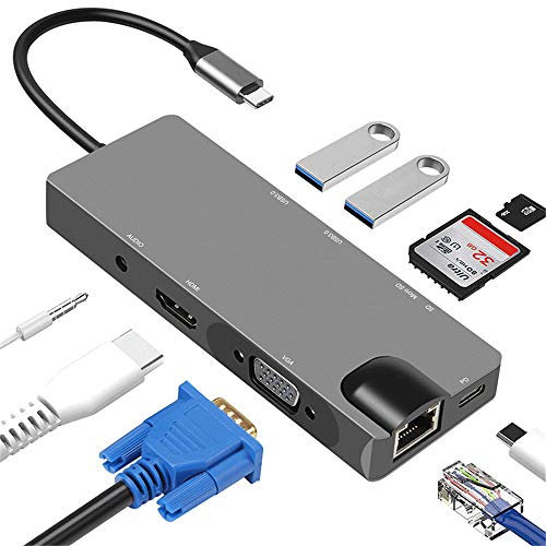 9 en 1 USB C Hub con Ethernet, 4K USB a HDMI, USB a VGA, 2 USB 3.0, Lector de Tarjetas Micro SD/TF, Mic/Audio, Puerto PD, Compatible para MacBook/MacBook Pro 2016/2017