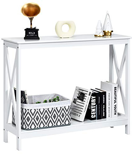 COSTWAY 2/3 Tiers Console Table, X-Shaped Slim Sofa Side End Table with Open Storage Shelves, Wooden Narrow Hall Desk Display Accent Table for Living Room Bedroom Entryway Hallway (White, 2 Tiers)