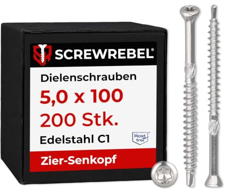 Dielenschrauben Edelstahl 5 x 100 mm, 200 Stück, TX20, kleiner Kopf, Teilgewinde, Bohrspitze, Reibteil