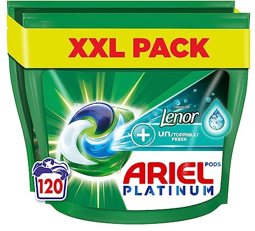 Ariel PODS Tout-en-1 Comprimés de lessive liquide 120 lavages (60 x 2) détachants pour vêtements avec Lenor Unstoppables, fraîcheur 2 fois plus longue durée *