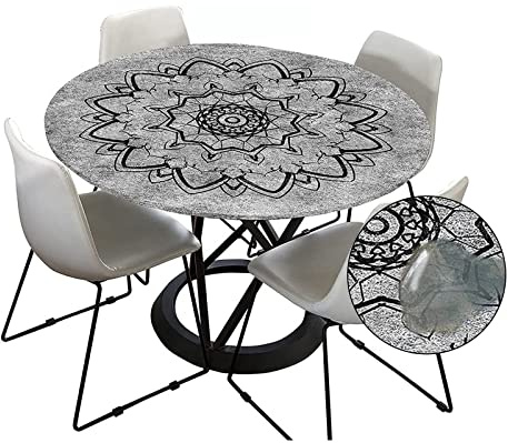 Morbuy Tischdecke Outdoor Rund 180 cm, Elastisch Rund Abwaschbar Tischdecken Wasserabweisend Lotuseffekt Garten Tischdecke Anthrazit Mandala Table Cloth, Ideal für 160cm-170cm