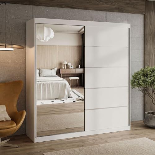 lukmebel Kleiderschrank - Kleiderstange Schrank - Schwebetürenschrank mit Spiegel BASTER 200 x 58 x 215 cm Schrank Weiße Matte - Schlafzimmer Möbel - Aluminiumgriffe - Mehrzweckschrank