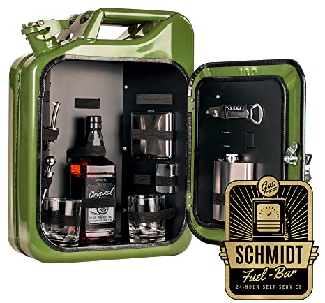 AMAVEL Kanister Bar 20 l mit Plakette und Namensgravur, Grüner Benzinkanister Minibar mit 8-teiligem Zubehör-Set, Barschrank im Vintage Look inkl. 2 Gläsern und Flaschenhalter
