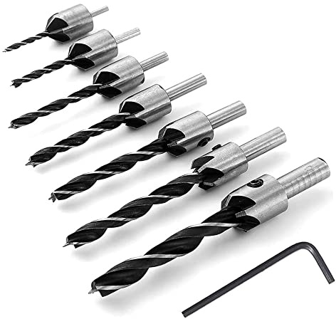 Mesee 7 Pieces HSS Countersink Drill Bit Set 3mm 4mm 5mm 6mm 7mm 8mm 10mm High Speed Steel Counter Sink Bits Carpentry Chamfer Reamer Woodworking Chamfering Tool