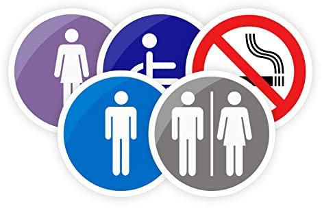 Wc Adesivi Confezione da 5 pezzi da 14 cm Segnali adesivi per porte cartello Bagni Segni WC Donna Uomo Disabile Vietato Fumare Nero