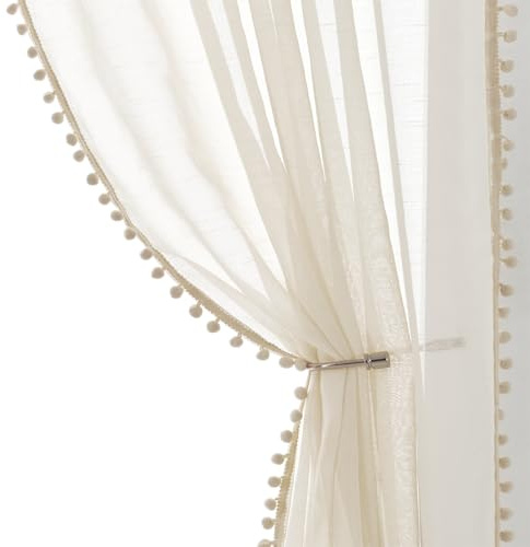 Treatmentex Cortinas Beige Translúcidas con Pompones para Salón,140x260cm | Cortinas Modernas con Bolsillo para Barra, Visillos para Dormitorio y Sala de Estar, Filtran Luz Solar Suavemente, 2 Piezas