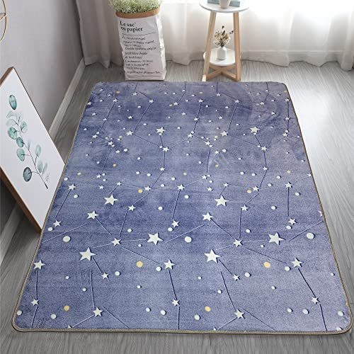 Gefosin Luminous Area Rug Glow in The Dark for Bedroom Living Room, Unique Soft Washable Modern Indoor Rugs for Children Dorm Home Decor, Blue Galaxy 2.6x5.2 Feet