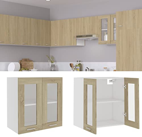 homiuse Hängeglasschrank Sonoma-Eiche 60x31x60 cm Holz KüChenschrank HäNgeschrank KüChe Vorratsschrank Schrank Klein Apothekerschrank KüChenschräNke Haushaltsschrank Wandschrank HäNgend Zwei Regale