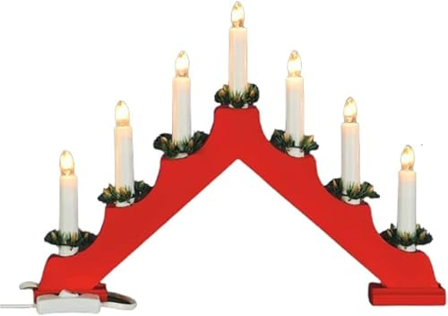 KAYNUR Wooden Candle Bridge Light 7 Bulb Window Christmas Decoration Arch Bridge Light 1.5 M Long Cable Replaceable Screw Bulbs (RED)
