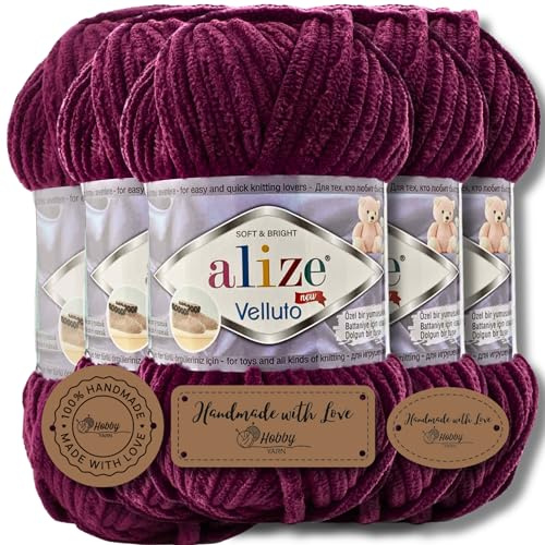 Hobby YARN Alize Velluto 5x 100g Türkische Strickwolle super Bulky Wolle zum Häkeln Uni Farbe Babywolle Flauschgarn Filzwolle Kuschelwolle (Plum | 111)