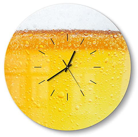 DEQORI Glasuhr | rund Ø 50 cm | Motiv Bier mit Schaumkrone | große XXL Design Uhr aus Glas | leise Wanduhr für Wohnzimmer & Küche | moderne Hingucker Uhr für die Wand