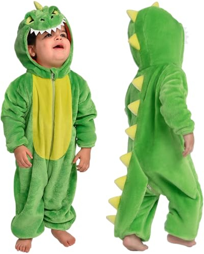 Spooktacular Creations Halloween-baby dinosauriedräkt för småbarn, grön unisex djur onepiece-pyjamas, sparkdräkt med dragkedja och huva, overall för halloween