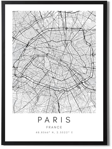 State Media Vision Juego individual de póster de mapa de la ciudad del mundo de París, impresión minimalista para dormitorio o sala de estar, arte de pared de París en blanco y negro (solo impresión