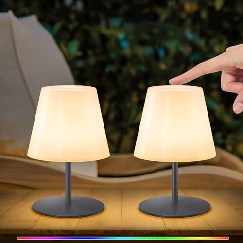 NiceBuy LED Tischlampe Akku 2er Set Touch Dimmbar Warmweiß/RGB USB-C Aufladbar Tischleuchte kabellos Mini Klein IP44 für Wohnzimmer Balkon Patio Terrasse​ (Grau)