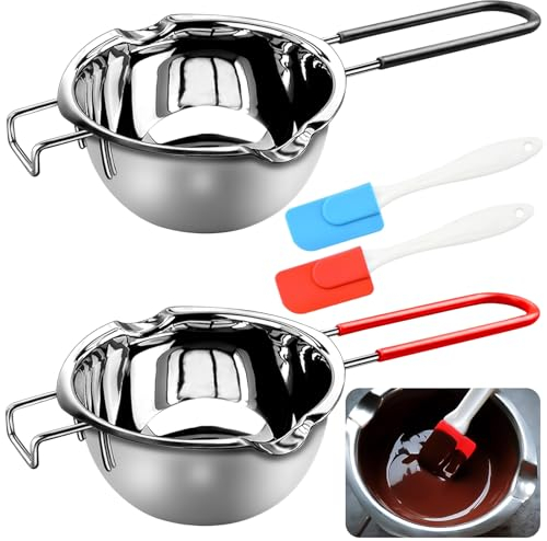 XTUDOU® 2 Pezzi Bagnomaria in Acciaio Inox, Chocolate Melting Pot Inox 304, con 2 Spatole E Manico Resistente al Calore, per Far Fondere Cioccolato, Burro, Caramelle, Formaggio (400 ml)