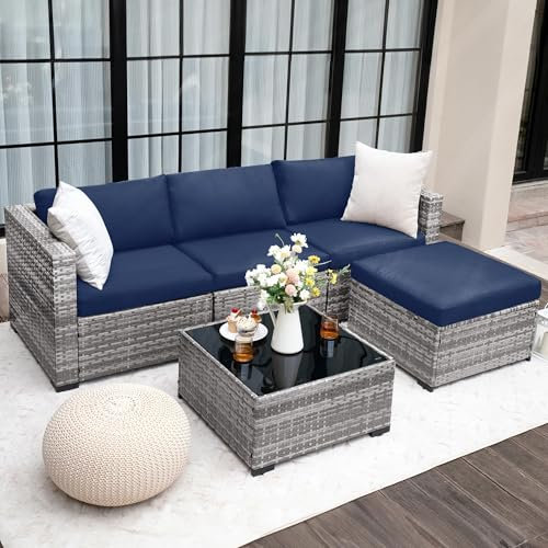 UDPATIO Lounge Gartenmöbel Set mit 3er Gartensofa, Hocker & Beistelltisch, Poly Rattan Balkonmöbel 4 Personen mit Kissen, Balkon Möbel Wetterfest, Gartenlounge für Garten, Terrasse, Outdoor, Blau