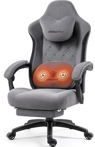 Dowinx Gaming Stuhl Stoff mit Beheizter Massage Lendenwirbelstütze, Gamer Stuhl mit Tasche Frühling Kissen und Fußstütze, Roß und Hoch Gamer 150 kg Belastbarkeit (Grau)