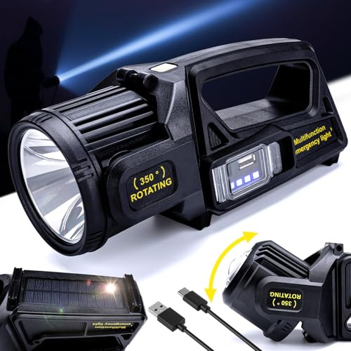 Ewenele Rechargeable Spotlight Outdoor Handheld, High Lumens Led Spot Light Flashlight with Solar Panels, 9 Modes Waterproof Handheld Spot Light for Outdoor Marine Boating Hunting