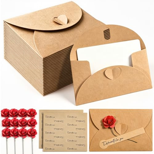 Prebarfun 20 Piezas Sobres de Papel Kraft con 20 Tarjetas de Papel en Blanco, Mini Sobres con Cierre de corazón para Tarjetas de Regalo DIY Graffiti