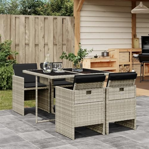 Gecheer 5-TLG. Garten Essgruppe 4 Personen, Rattan Gartenmöbel Set, Sitzgruppe Garten Lounge 4 Stühle mit Tisch, Balkon Möbel, Terrassenmöbel Set, Gartengarnitur Sitzgarnitur, Kissen, Hellgrau