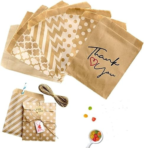 120 STK / 6 Muster Papiertüten Klein Braun Candy Bar Tüten Saatgut Aufbewahrung Samentütchen Mini Kraftpapier Tüten zum Befüllen Verpackungstüten Geschenktüten Bonbons Süßigkeiten Adventskalender