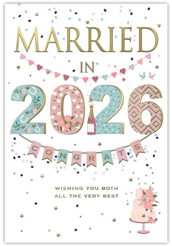 IC&G Congratulations Wedding Card - Married in 2026 - Champagne & Confetti Design - Premium Embossed Metallic Foil Finish - Just Married Greeting Card with Envelope