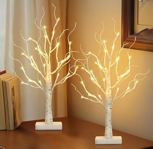 EAMBRITE Set of 2 White Twig Tree with Lights, Prelit Small Christmas Tree, Christmas Tabletop Decorations Indoor for Home Wedding Fireplace Decor (Warm White/Battery)