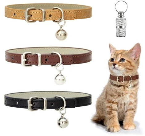 Parthan 3 Stück Halsband für Katzen, Katzenhalsband aus PU-Leder mit Anhänger und Glöckchen, Verstellbar, Komfortabel für Katzen und Kleine Haustiere, Haustier Halsband
