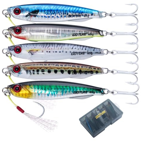 Goture 5 Stück Kunstköder Set, Angelköder Pilker Wobbler Fischlöffel Fischköder für Salzwasser Süßwasserforellen Lachs, Forelle, mit Kopf Einzelhaken & Heller Draht Schwanz DREI Haken Köder 40g