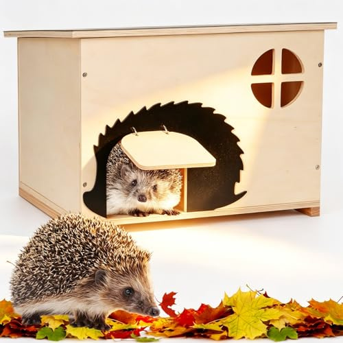 JAZUIHA Grande maison pour hérisson avec rabat pour rat et entrée labyrinthe - Résistant à l'hiver - En bois - Avec fond - 37 x 30 x 28 cm - Pour hérisson - Pour abri et sommeil hivernal