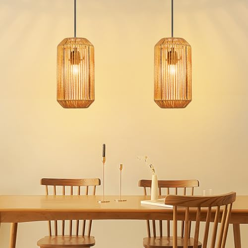 Deboola Hängelampe Boho Hängeleuchte Rattan Hanfseil - 2ER Pendelleuchte Vintage Esstisch Pendellampe Lange Laterne Design E27 Esstischlampe für Esszimmer Schlafzimmer Wohnzimmer(Ohne Leuchtmittel)