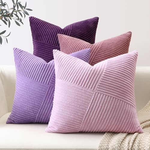 Sungeek Lot de 4 Housse de Coussin 45x45 cm en Velours Côtelé, Housse Coussins Bohème Patchwork à Rayures Pinwheel Doux Taies d'oreiller Décoratives pour Lit Canapé Chambre Salon, Violet