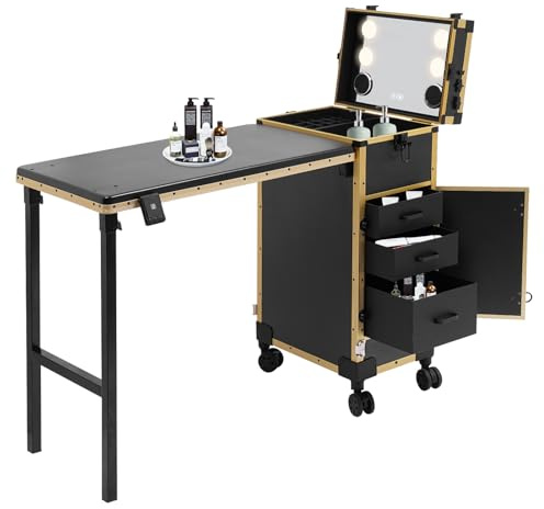 Maleta Maquillaje Profesional con 3 cajones y Espejo Iluminado, maletin de Maquillaje Profesional Plegable con Ruedas, Organizador cosmético con Bluetooth y candado, para maquilladores y peluqueros