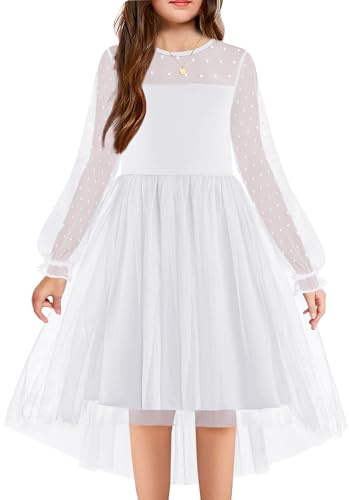 Arshiner Girls White Dress Formal Communion Dress Wedding Flower Girls Dresses Halloween Partydress Children's Long-Sleeved Winter Tulledress 8-9 Years