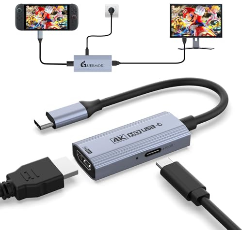 Guermok USB-C-zu-HDMI-Adapter, 4K@60Hz-Ausgabe mit PD 100W Schnellladung, kompatibel mit Switch, Handheld-Konsolen, MacBook, Fernsehern, Capture-Karten und tragbaren Monitoren – Silber