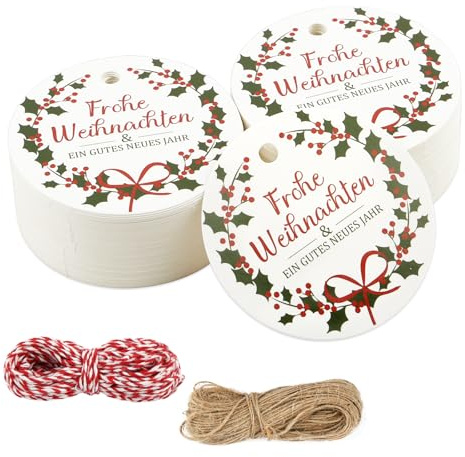 100 Stück Geschenkanhänger Weihnachten,Weihnachtsanhänger Zum Beschriften,5.5Cm Rund Anhänger Weihnachten mit 20m Schnur,Kraftpapier Etiketten für Weihnachten Deko,DIY Geschenke,Flaschenetiketten