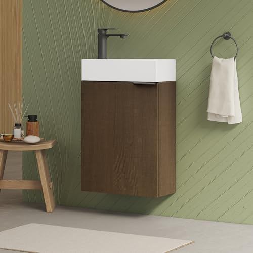 EMKE Mueble de Lavabo 41 cm con Lavabo de Cerámica – para Aseo de Invitados y Baños Pequeños – Mueble Compacto con Almacenamiento – Roble Aserrado（Grifo no incluidos）