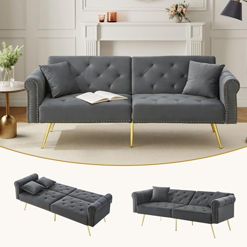 DRIXNO Modernes 2-Sitzer-Schlafsofa – Samtbezug, Rückenlehne mit 3-Stufiger Verstellung & vergoldete Metallfüße Stilvolles Sofa mit Schlaffunktion,Antikgrau