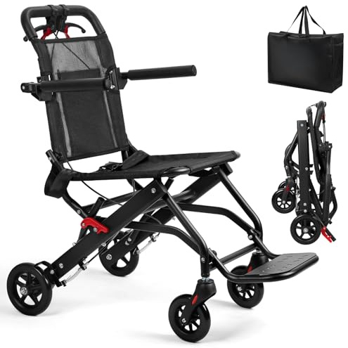 Rollstuhl Faltbar Leicht, 6,2 kg Ultraleicht Reiserollstuhl, Klappbarer Transportrollstuhl für ältere und Behinderte, Aluminium Rollstuhl mit Fußstütze, Tragetasche, Belastbarkeit bis 129 kg (Schwarz)