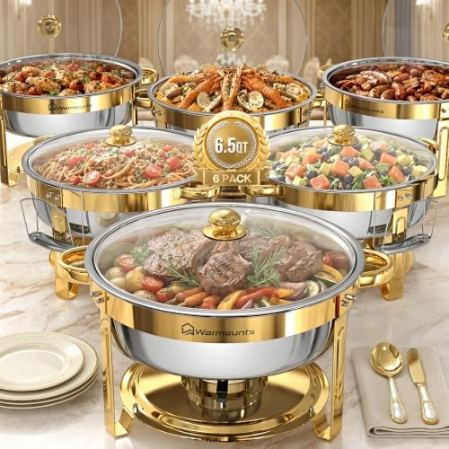 WARMOUNTS 6L Gold Chafing Dish Buffet Set 6 Pack, Round Stainless Steel Food Warmers with Glass Lid & Lid Holder, Stackable Catering Chafers Serving Dishes for Banquets, Parties & Weddings