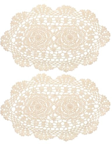 2 Pcs Handmade Crochet Doilies, 13.7x9.8 Inch Beige Oval Lace Doilies, Cotton Table Scarf & Furniture Protector for Farmhouse Dining Table, Coffee Tables, Vintage Home Decor