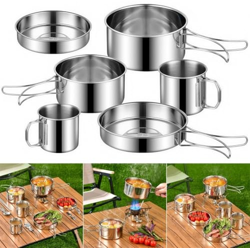 Helilyco Set di pentole da campeggio in acciaio inox da 6 pezzi con pentole pieghevoli e padella per zaino in spalla all'aperto kit da cucina portatile compatto
