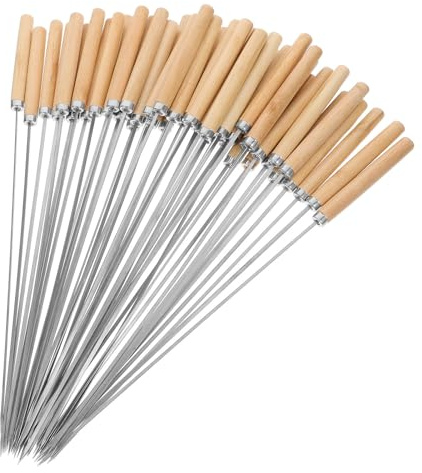 GARVALON 50 Spiedini per Barbecue in Acciaio Inox 304 Piatti e Rotondi Manico in Legno Ergonomico Lunghi 35 CM per Grigliate di Carne Agnello Verdure e Antipasti All’Aperto
