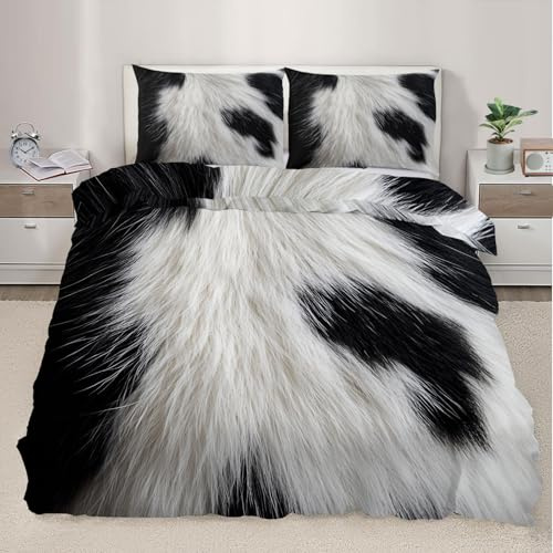 Bettbezug mit Kuhfell-Druck, für Einzelbett, schwarz-weiß, Rindsleder, Tiermuster, Bettdecken-Set, Schlafzimmer, rustikales Bettwäsche-Set, weiche Mikrofaser mit Kissenbezügen mit Reißverschlüssen