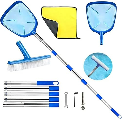 Pool Kescher mit Teleskopstange 220cm, Tiefenkescher Pool Mit Poolbürste, Poolkescher Feinmaschig, Laubkescher Pool, Pool Reinigungsset für Schwimmbad, Spas, Teiche, Whirlpools