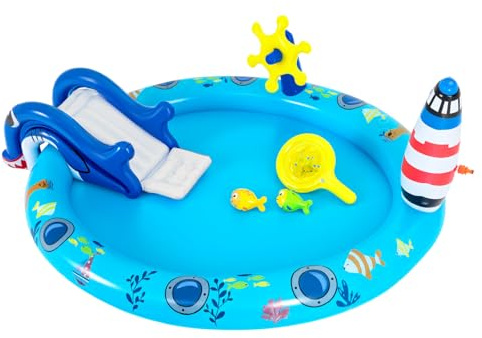 Maxmass Inflatable Water Play Center, Toddler Activity Paddling Pool with Slide, Sprinkler, Indoor Outdoor Children Swimming Pool Spray Splash Pools for Garden Backyard (Shark-Themed)