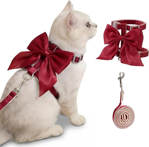 Harnais Et Laisse pour Chat, Noeud Rouge Harnais pour Chat, Harnai pour Chats Anti Evasion, Convient Aux Promenades en Extérieur, pour Les Chats Pesant de 1-3,5 KG (Rouge S)