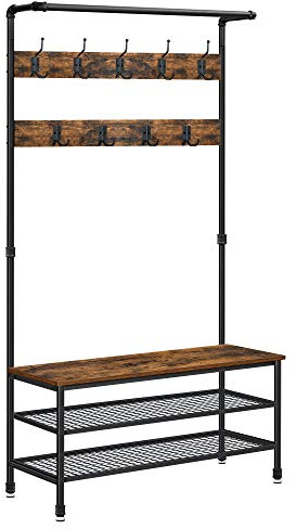 VASAGLE Klädhängare med Skohylla och Sittbänk, Hallmöbel, med 9 Krokar | 100 x 42.2 x 182.6 cm, i Industriell Design, Rustik Brun och Svart, DALSON Kollektion HSR47BX